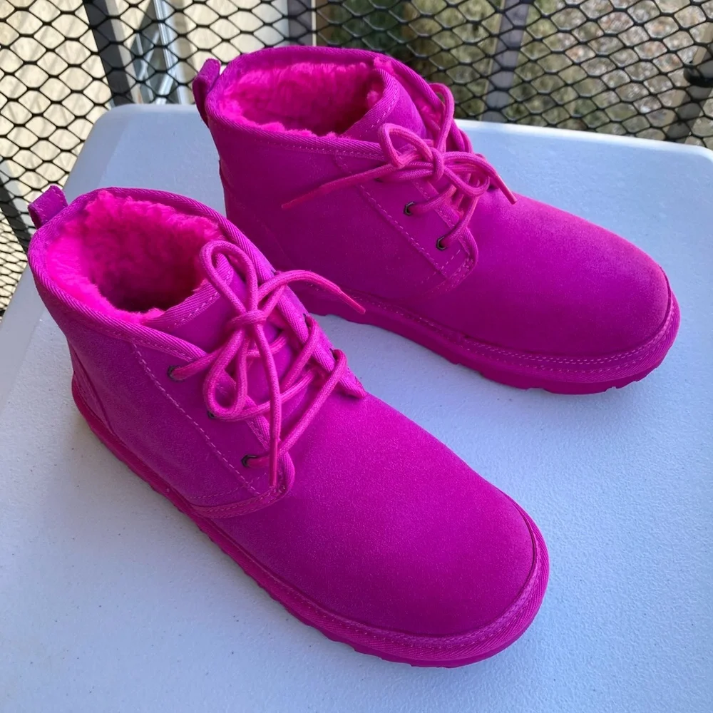 UGG Women's Hot Pink Neumel Chukka Lace Up Suede Shearling Pink Boots BRAND NEW